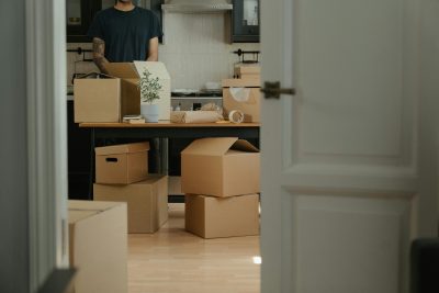 room with cardboard boxes